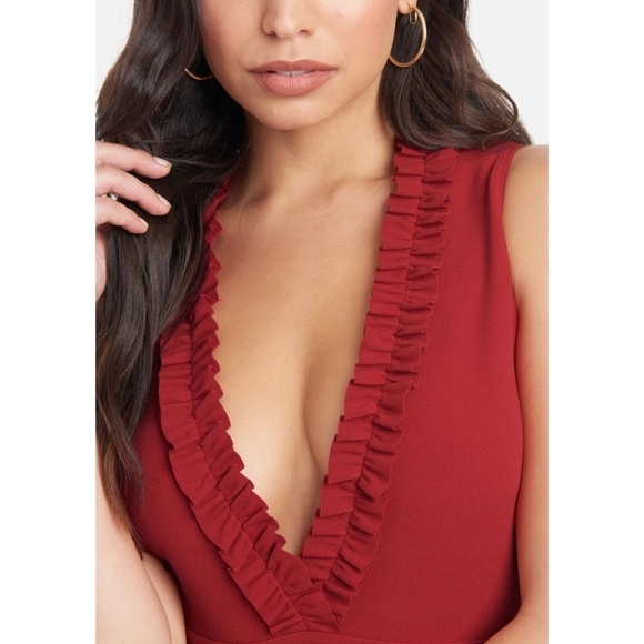 BEBE Plunging Ruffle V Neck Bodycon Dress - Picture 3 of 14
